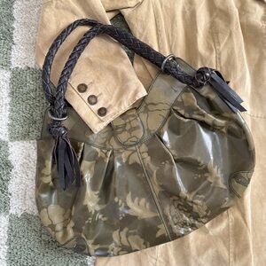 FALOR Italy Green Leather Shoulder Bag Woven Tassel Handles Vintage Y2k Floral